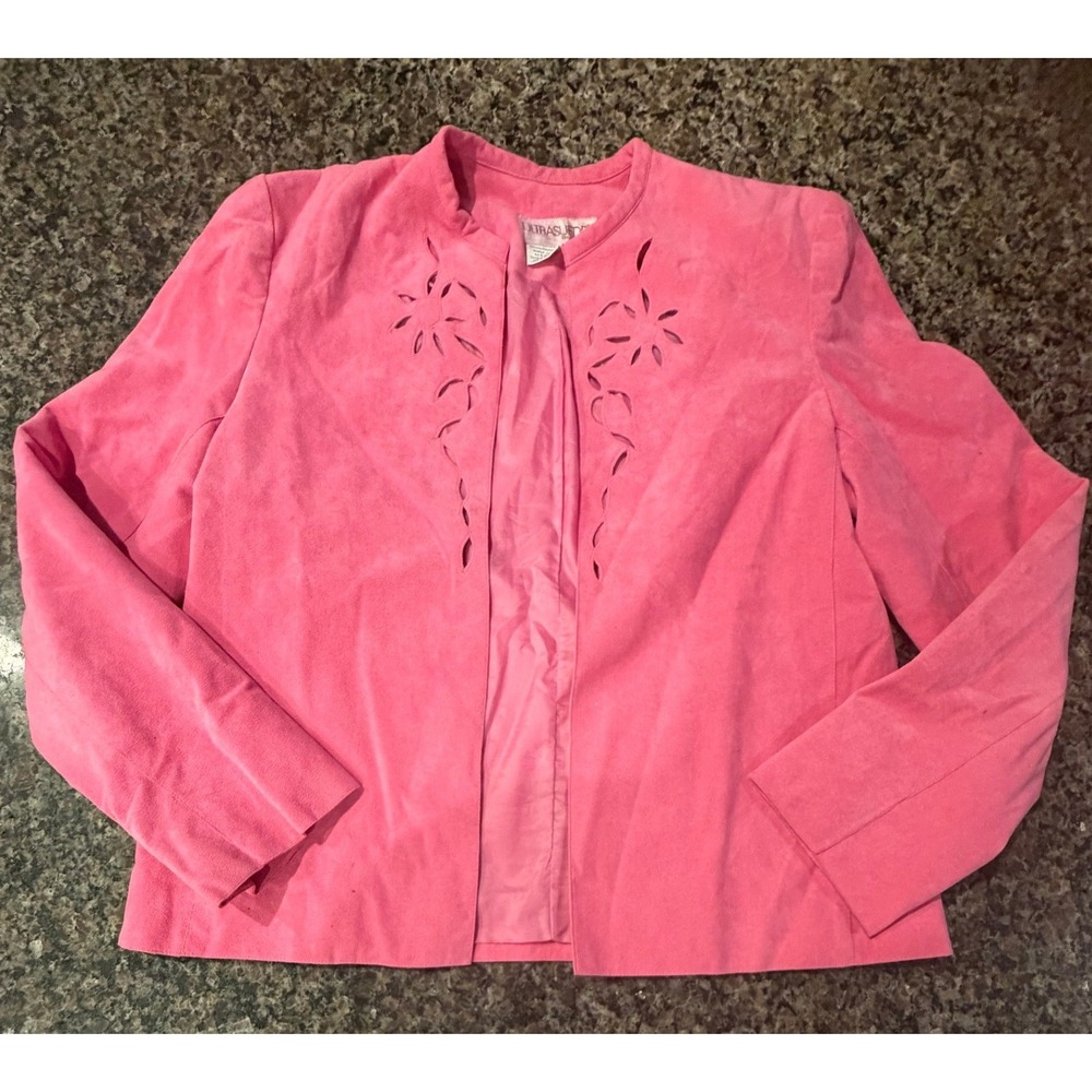 Ultrasuede Hot Pink Cutout Floral Open Front Jacket Blazer Womens Size 8 Vintage
